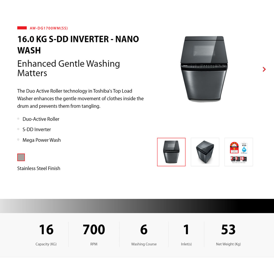 TOSHIBA 16KG Top Load Inverter Washing Machine AW-DG1700WM(SS) | S-DD Inverter | Duo-Active Roller | Washing Machine with 2 Year General & 13 Year Motor Warranty