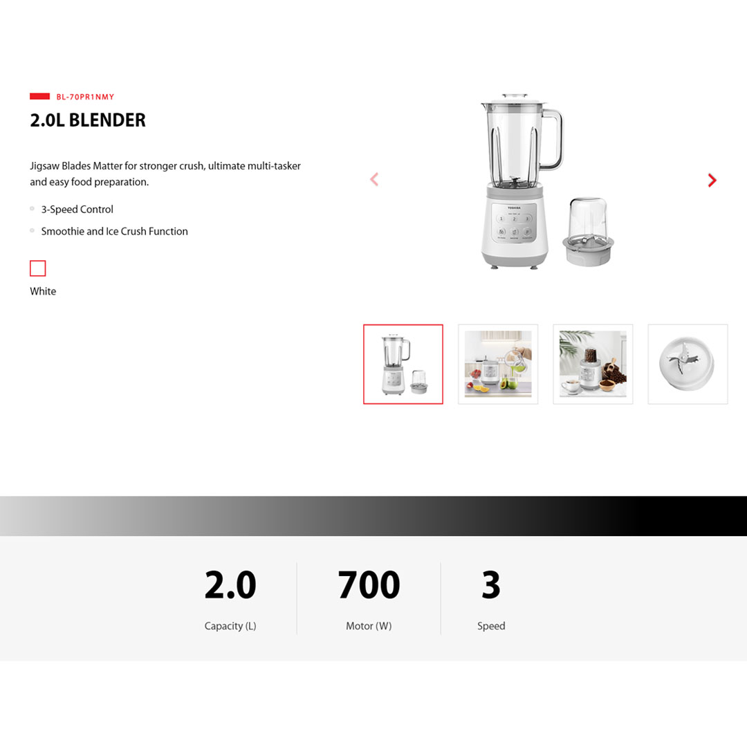 TOSHIBA 2L Jug Blender BL-70PR1NMY | 700W motor | 3 Speed | Ice Crush Function | Jigsaw 6-point Blade | Blender with 1 Year Warranty