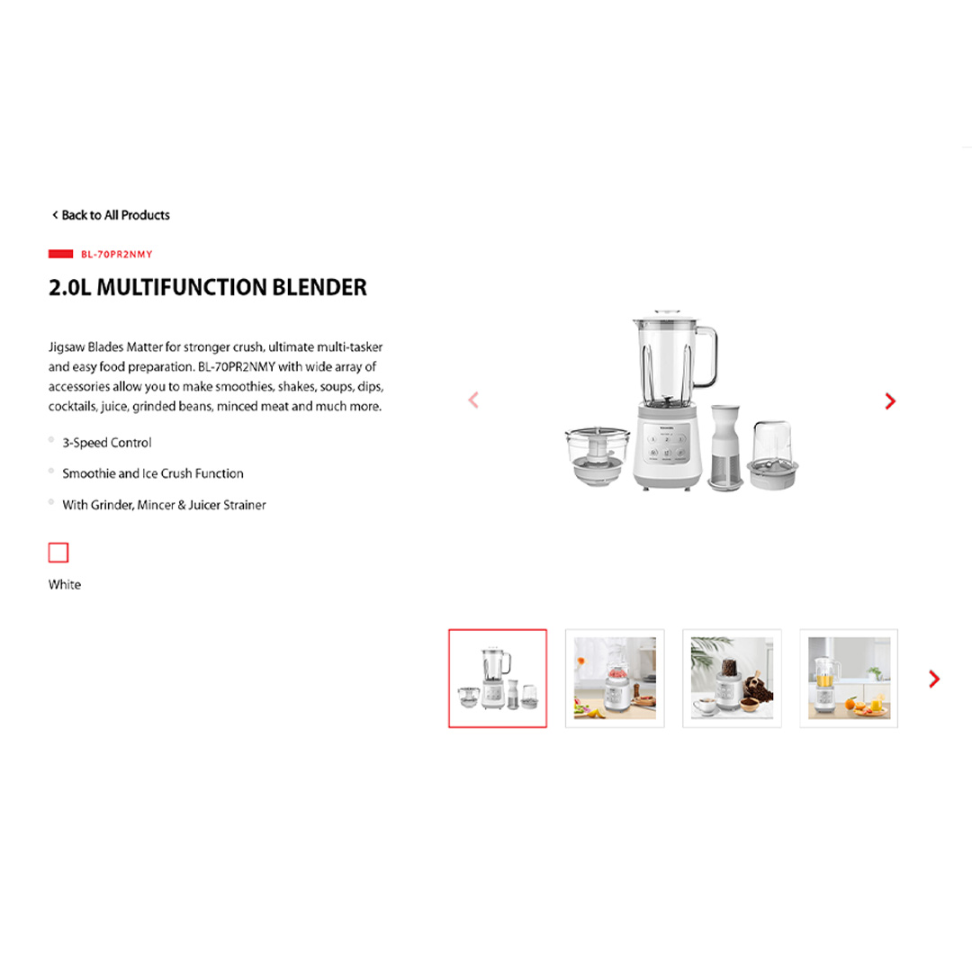 TOSHIBA 2L Multifunction Blender BL-70PR2NMY | 3-Speed Control | Smoothie and Ice Crush Function | With Grinder, Mincer & Juicer Strainer | Jigsaw 6-point Blade | Blender with 1 Year Warranty