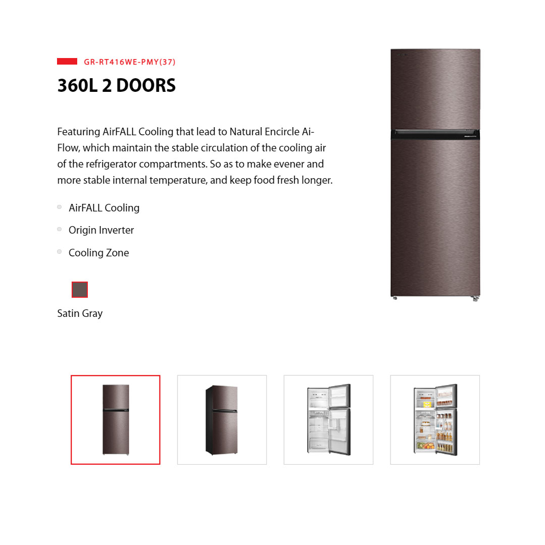 TOSHIBA 360L 2 Doors Inverter Refrigerator GR-RT416WE-PMY(37) | AirFALL Cooling | Origin Inverter | Humidity Control | Refrigerator with 1 Year General & 12 Year Compressor Warranty