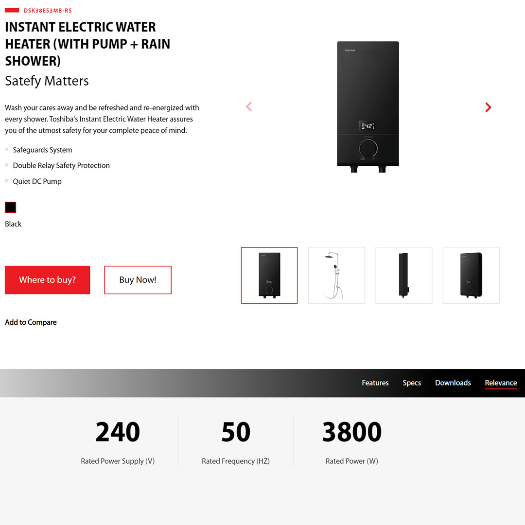 TOSHIBA 3800W DC Pump Instant Water Heater with Rain Shower DSK38ES3MB-RS | Energy-saving and Quiet DC Pump | 5 Versatile Shower Mode | Water Heater with 1 Year Warranty