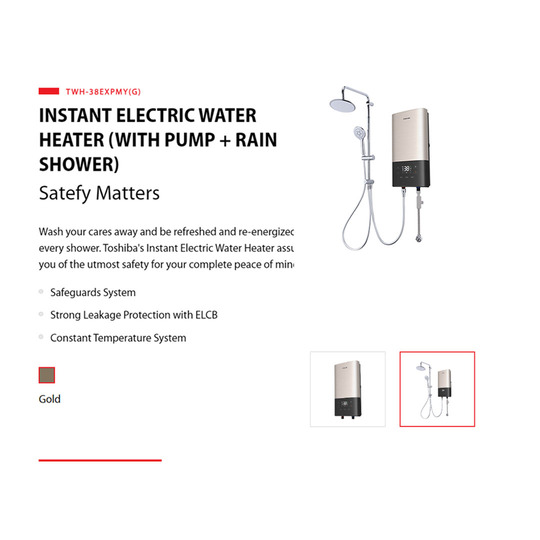Toshiba 3800W Instant Electric Water Heater (With Pump+Rain Shower) TWH-38EXPMY(G) | Safeguards System | Constant Temperature System | Exclusive Bathing Mode | Splash-proof Protection | Water Heater with 1 Year General & 5 Year Motor Warranty