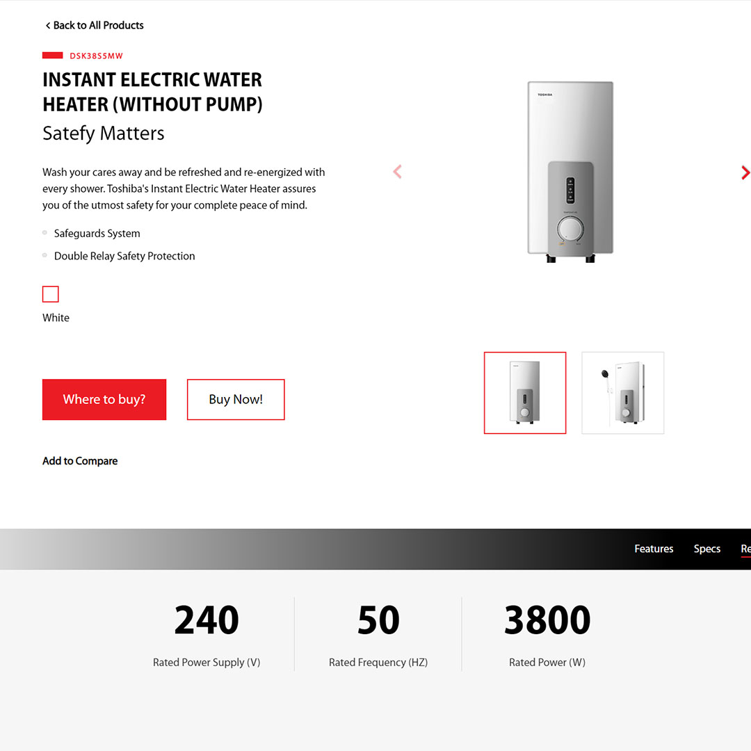 TOSHIBA Non Pump Water Heater DSK38S5MW  |  5 Versatile Shower Mode  |  Water Heater with 1 Year Warranty