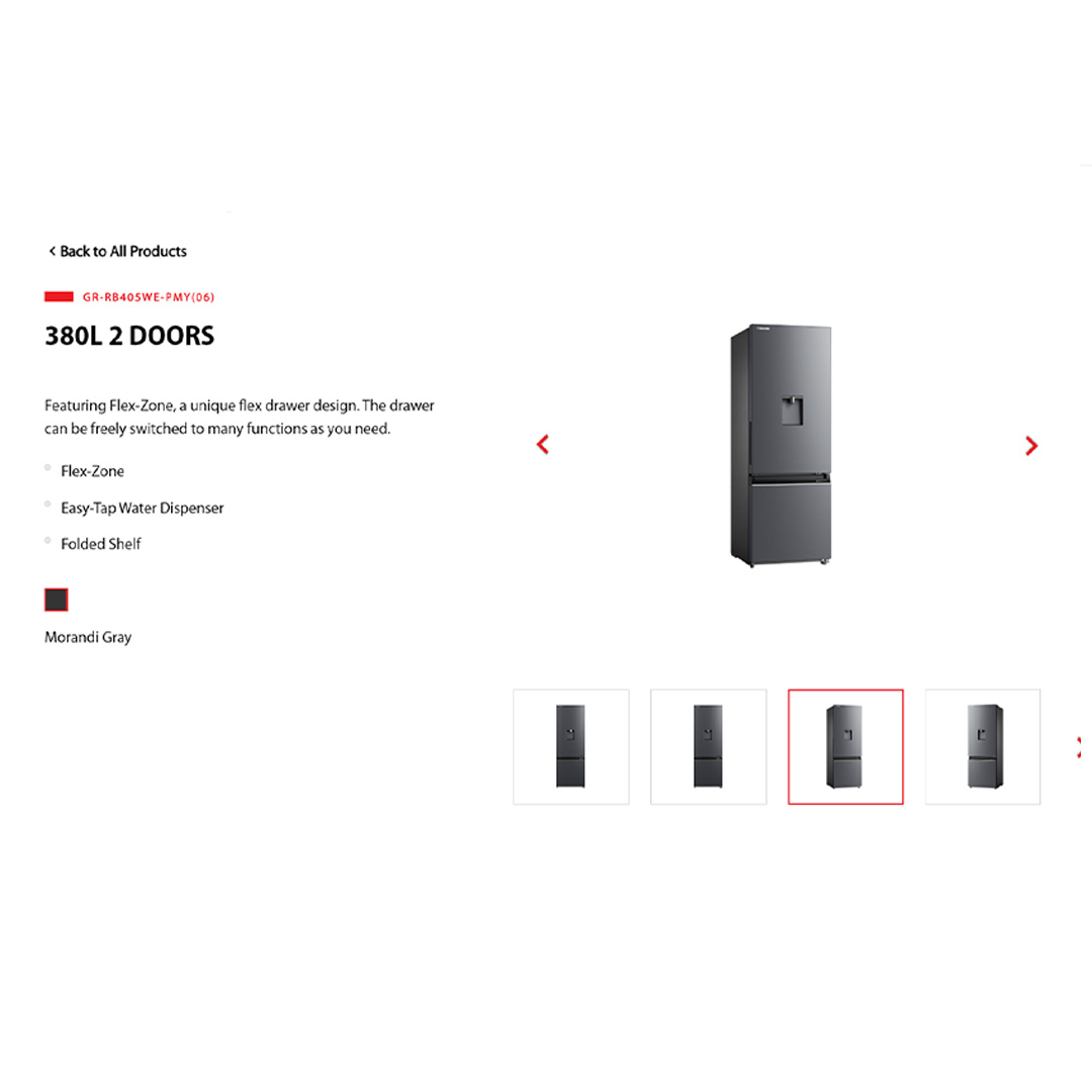 TOSHIBA 380L 2 Doors Bottom Mount Origin Inverter Refrigerator GR-RB405WE-PMY(06) | Water Dispenser | Folded Shelf | Electronic Control | Mega Ice | Refrigerator with 1 Year Warranty