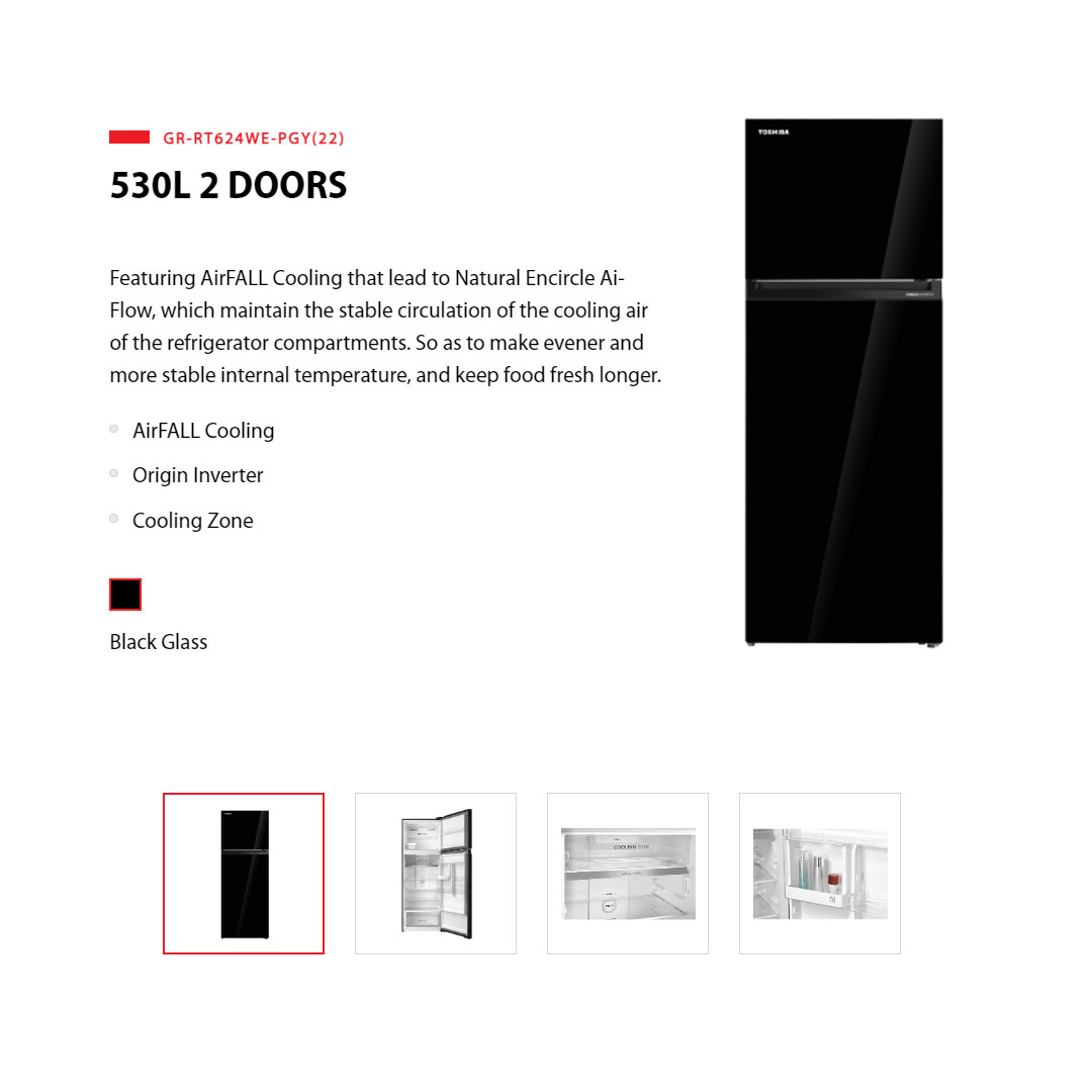 TOSHIBA 530L 2 Door Top Mount AirFALL Cooling Origin Inverter Refrigerator GR-RT624WE-PGY(22) | Electric Control | Pure Bio | Humidity Control | Cooling Zone | Cool Air Wrap | Quick Freezing Mode | Refrigerator with 1 Year General & 12 Year Motor Warranty