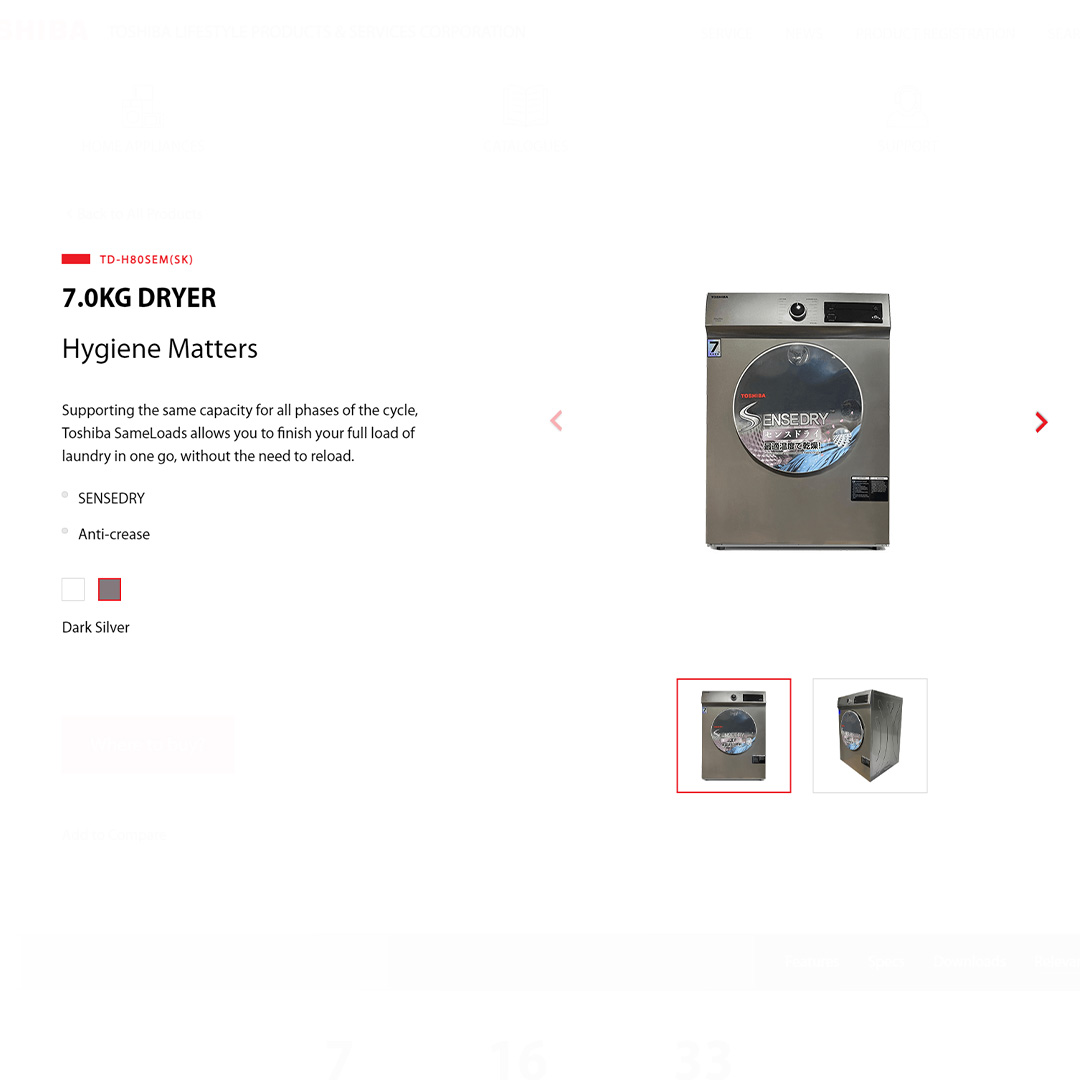 TOSHIBA 7KG Vented SENSEDRY Tumble Dryer TD-H80SEM(SK) | LED Display | Anti-Crease | Quick Dry 20 | LED Display | Air Vented Drying | Child Lock|  Dryer with 2 Year Warranty