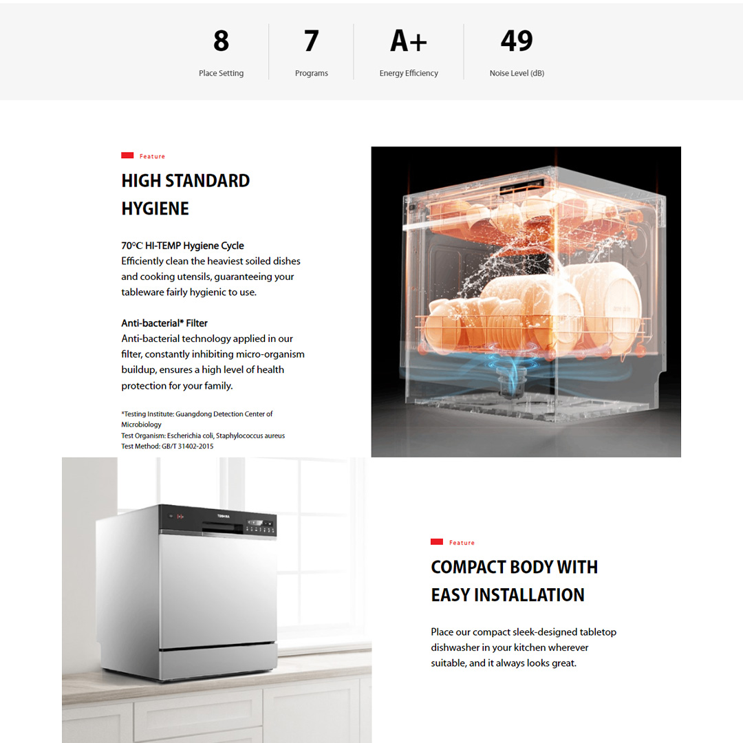 TOSHIBA 8 Place Setting Standing Dishwasher DW-08T1(S)-MY | Self Cleaning For Easy Maintenance | LED Display Panel | Standing Dishwasher with 1 Year Warranty