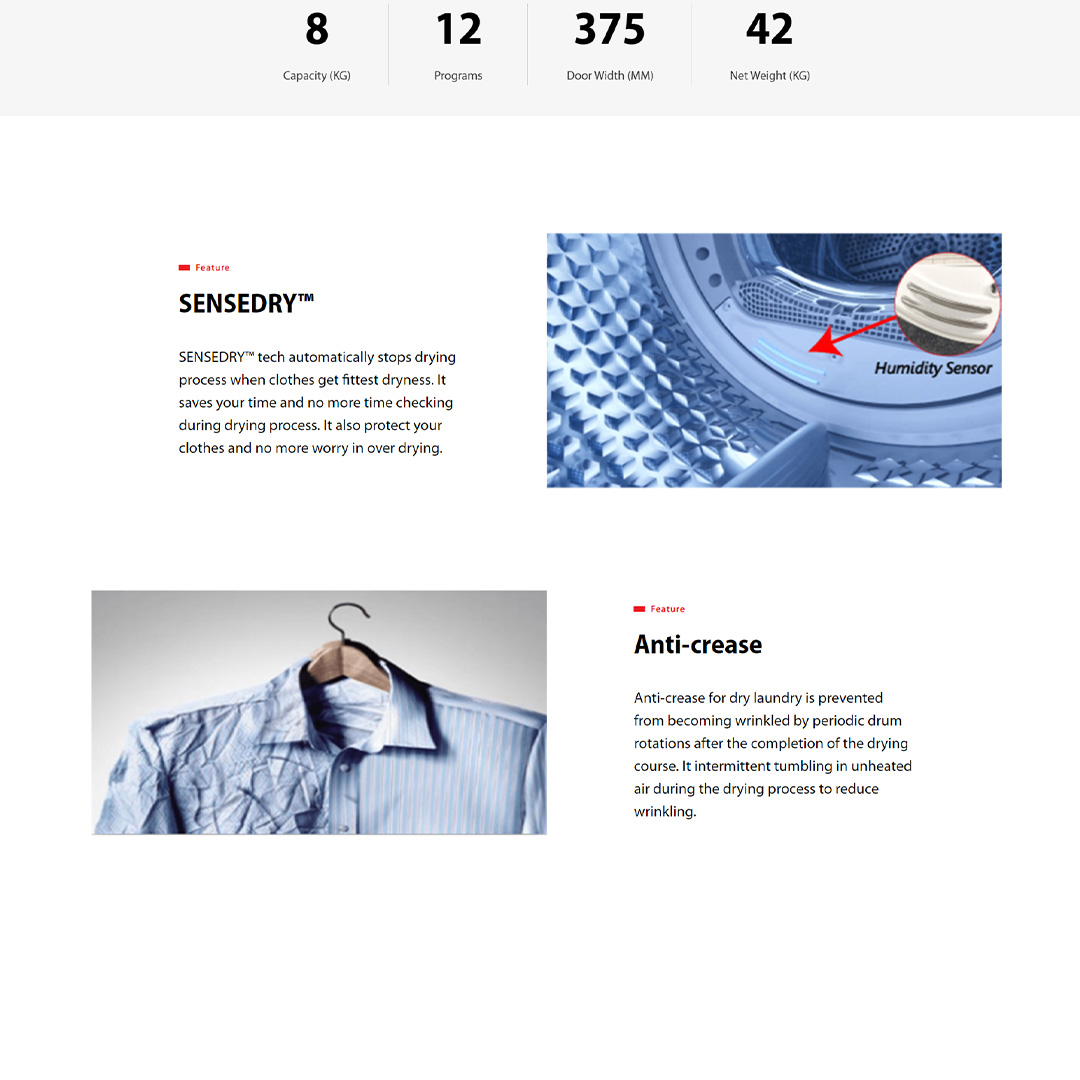 TOSHIBA 8KG SENSEDRY Condenser Dryer TD-K90MEM(SK) | Anti-Crease | Integrated Control Panel | Condenser Dryer with 1 Year Warranty