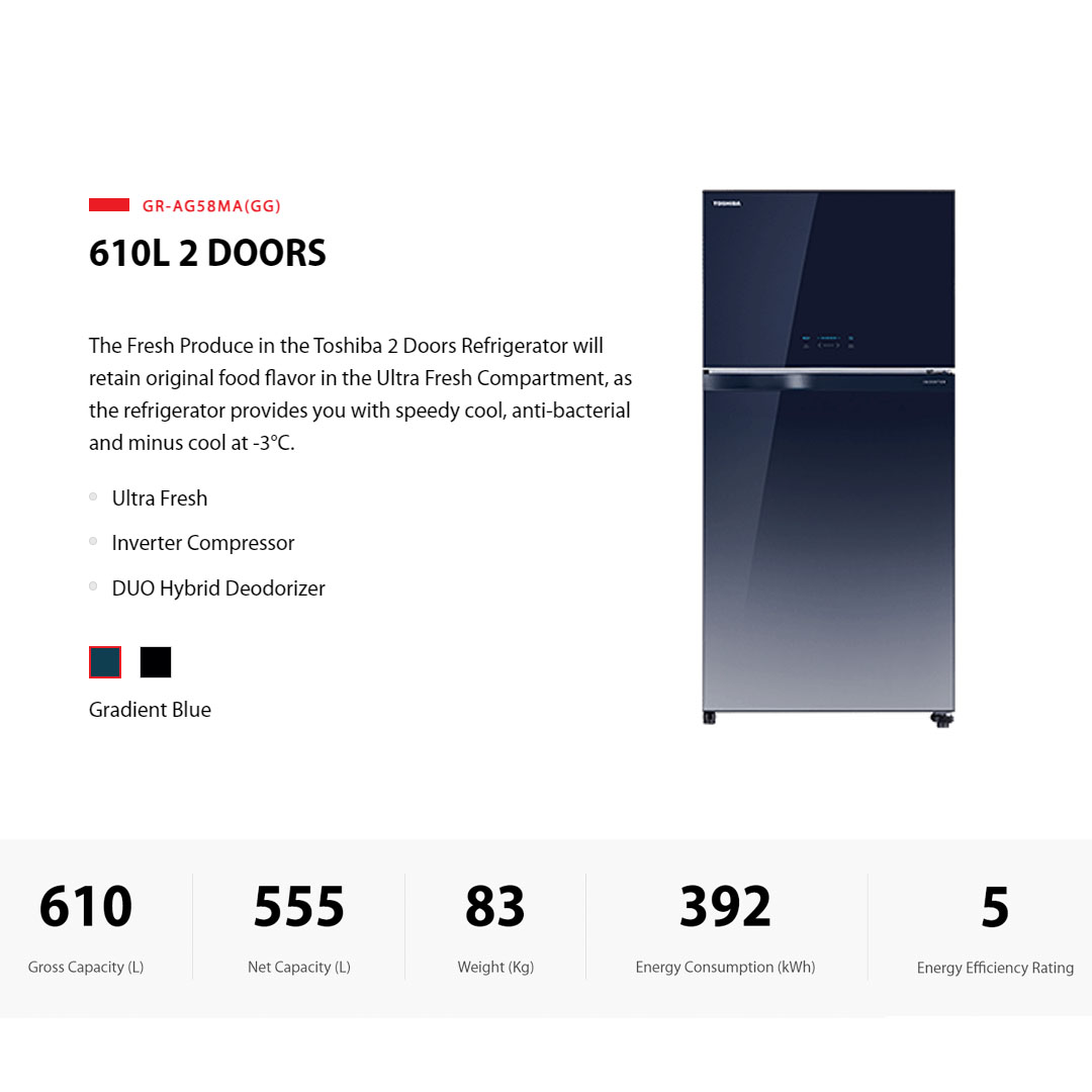TOSHIBA 610L 2 Doors Inverter Duo Hybrid Refrigerator Gradient GR-AG58MA(GG) | Energy Saving with Inverter Compressor | Ag+ BIO Deodorizer | LED HYBRID Deodorizer | Auto Ice Maker | ECO Mode | Refrigerator with 1 Year Warranty