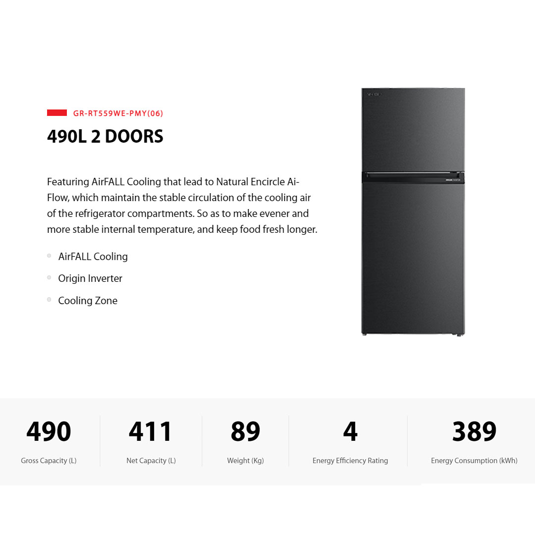 Toshiba 490L 2 Doors Top Mount AirFall Origin Inverter Refrigerator GR-RT559WE-PMY(06) | Pure Bio | Humidity Control | Electric Control | Cooling Zone | Origin Inverter | AirFALL Cooling | Refrigerator with 1 Year Warranty