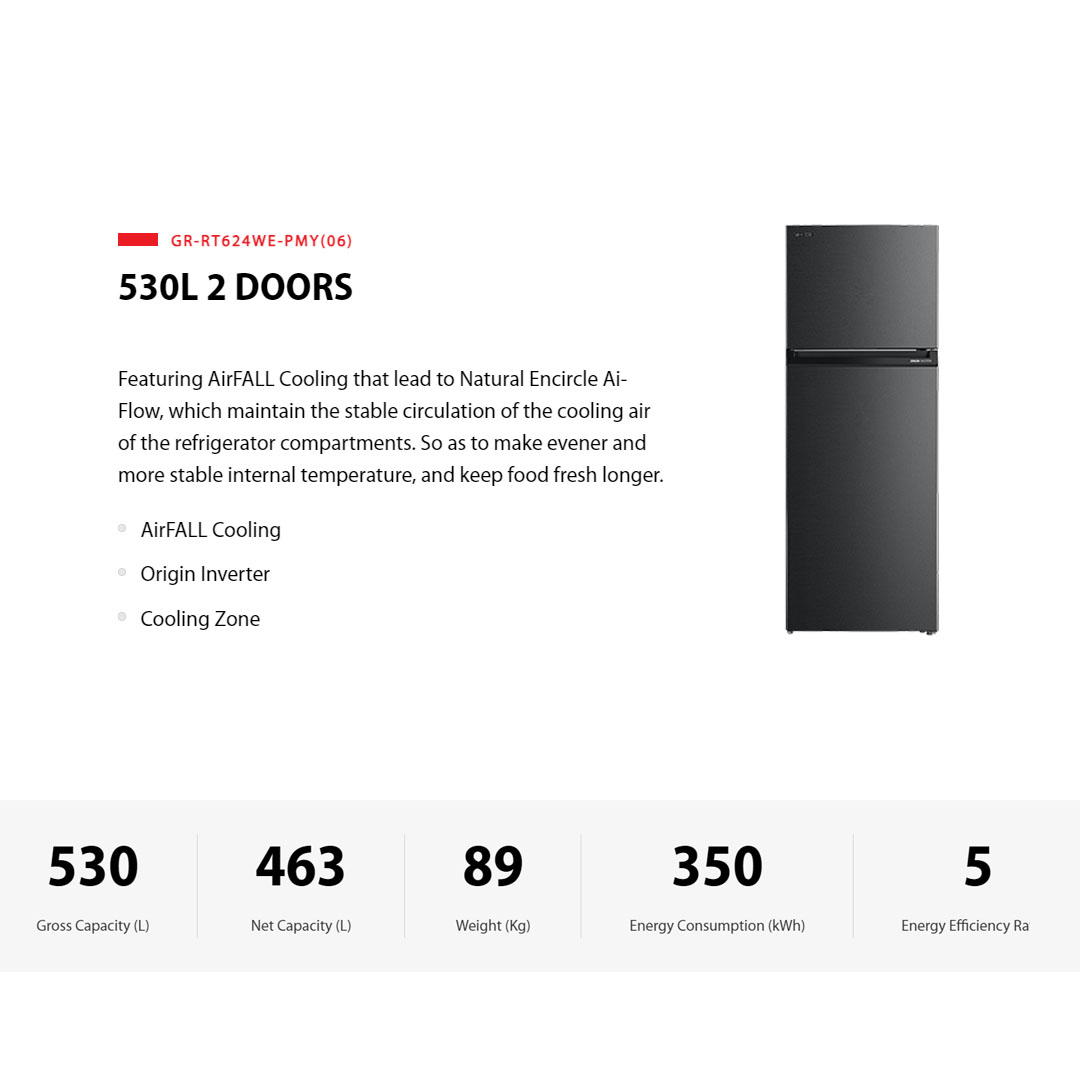 Toshiba 530L 2 Doors Top Mount AirFall Origin Inverter Refrigerator GR-RT624WE-PMY(06) | Pure Bio | Humidity Control | Electric Control | Cooling Zone | Origin Inverter | AirFALL Cooling | Refrigerator with 1 Year Warranty