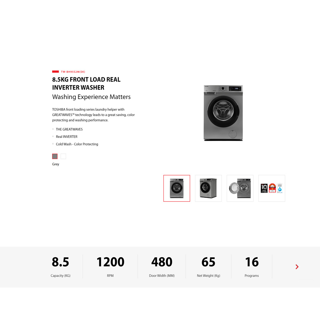 TOSHIBA 8.5KG Front Load Real Inverter Washing Machine with THE GREATWAVES TW-BH95S2M(SK) | 16 Program | Child Lock | Temperature Selection | Spin Speed, Selection | Washing Machine with 2 Year Warranty