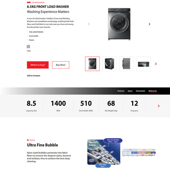 Toshiba 8.5KG Front Load Washer TW-BK95G4M(SK) |  Steam | CycloneMix | THE GREATWAVES | Child Lock | 12 Programs | Origin Inverter | Ultra Fine Bubble | Load Washer with 2 Year General & 10 Year Motor Warranty