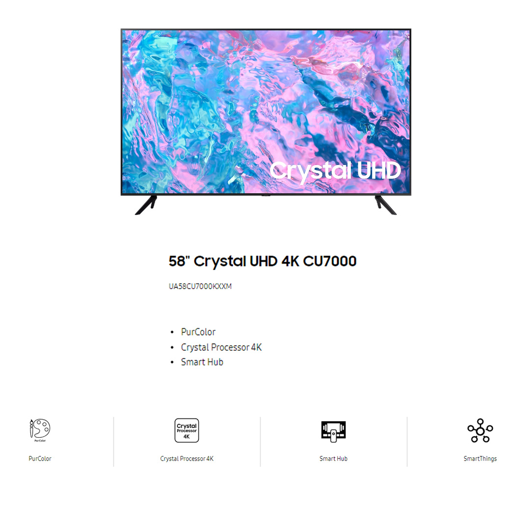 SAMSUNG 58" 4K UHD Smart TV UA58CU7000KXXM | Smart Hub | SmartThings | PurColor | Web Browser | HDMI | USB | Smart TV with 2 Year Warranty