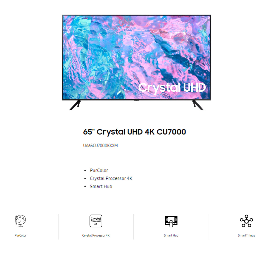 SAMSUNG 65" Crystal 4K UHD Smart TV UA65CU7000KXXM | Motion Xcelerator | Samsung Health | Q-Symphony | Smart Hub | Crystal Processor 4K | Smart TV with 2 Year Warranty