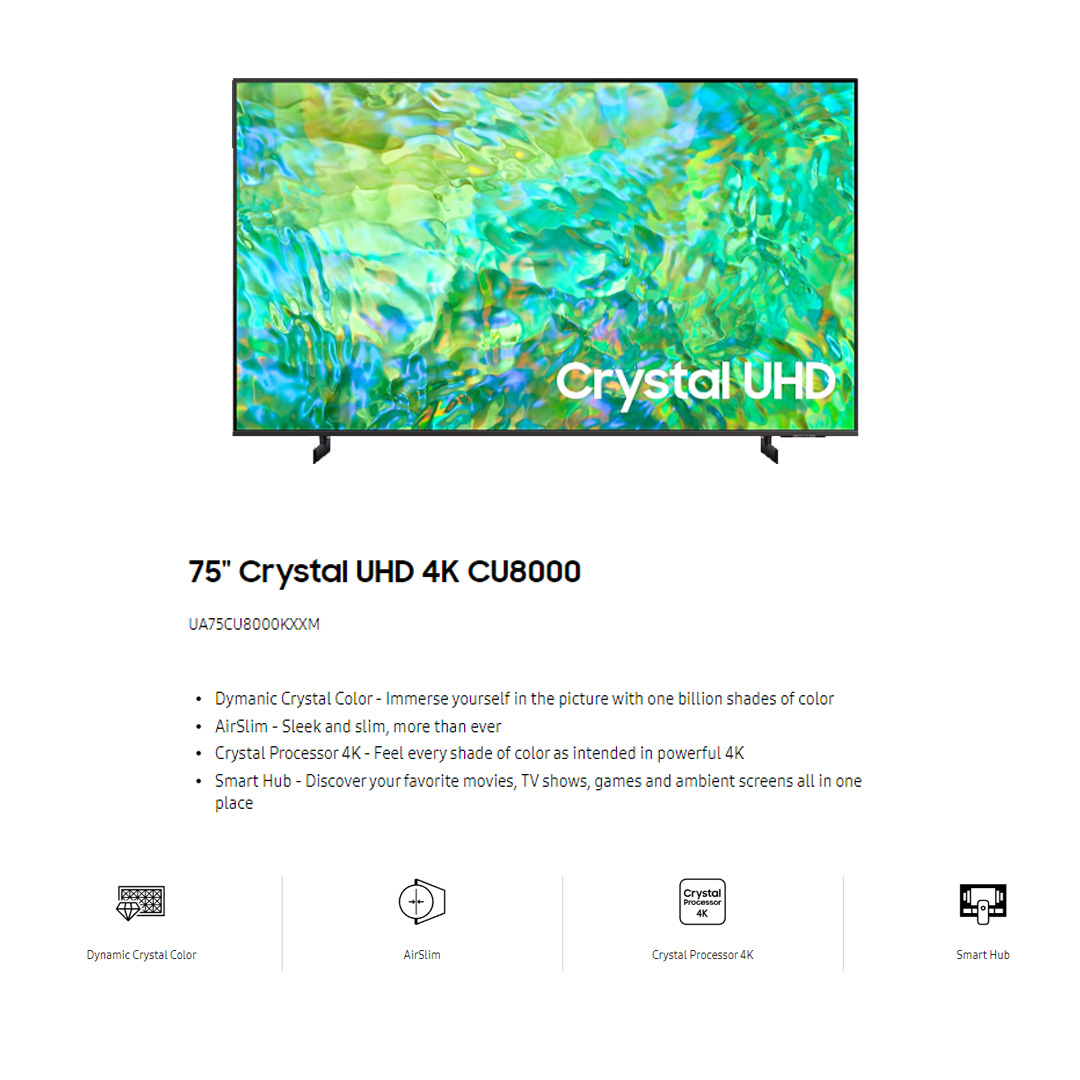 SAMSUNG 75" 4K UHD Smart TV UA75CU8000KXXM | AirSlim | Smart Hub | Web Browser | SmartThings | Smart TV with 2 Year Warranty