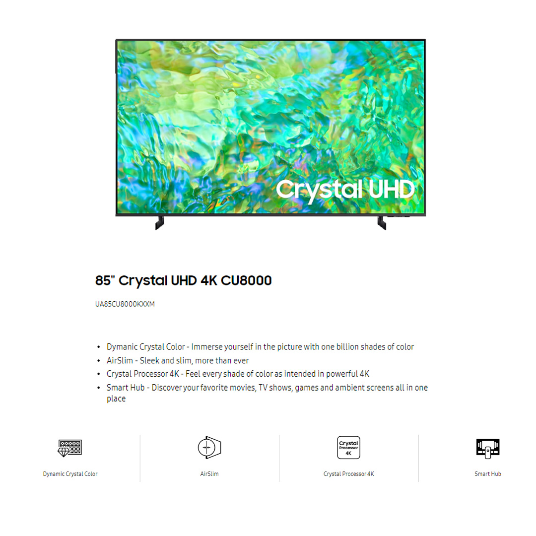SAMSUNG 85" 4K UHD Smart TV UA85CU8000KXXM | AirSlim | Smart Hub | Web Browser | SmartThings | Smart TV with 2 Year Warranty