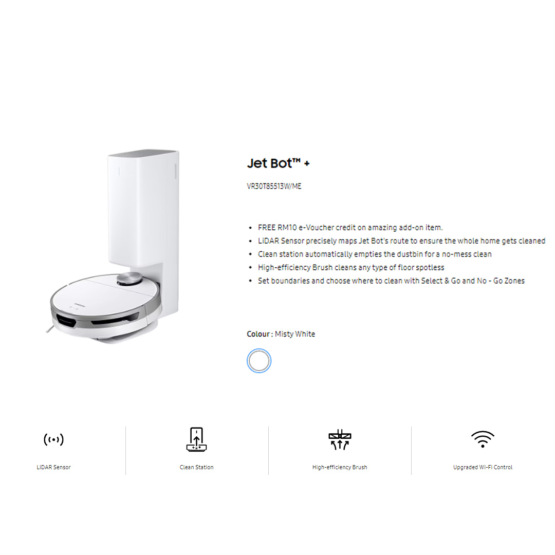 SAMSUNG 60W Jet Bot AI Vacuum Cleaner Misty VR30T85513W/ME | LiDAR Sensor | Clean Station | High-efficiency Brush | Vacuum with 1 Year Warranty