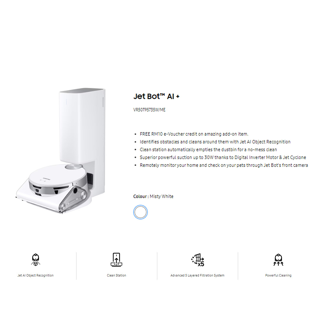 SAMSUNG 170W Jet Bot AI + Vacuum Cleaner VR50T95735W/ME | Jet AI Object Recognition | Clean Station | Powerful Cleaning | Vacuum with 1 Year Warranty