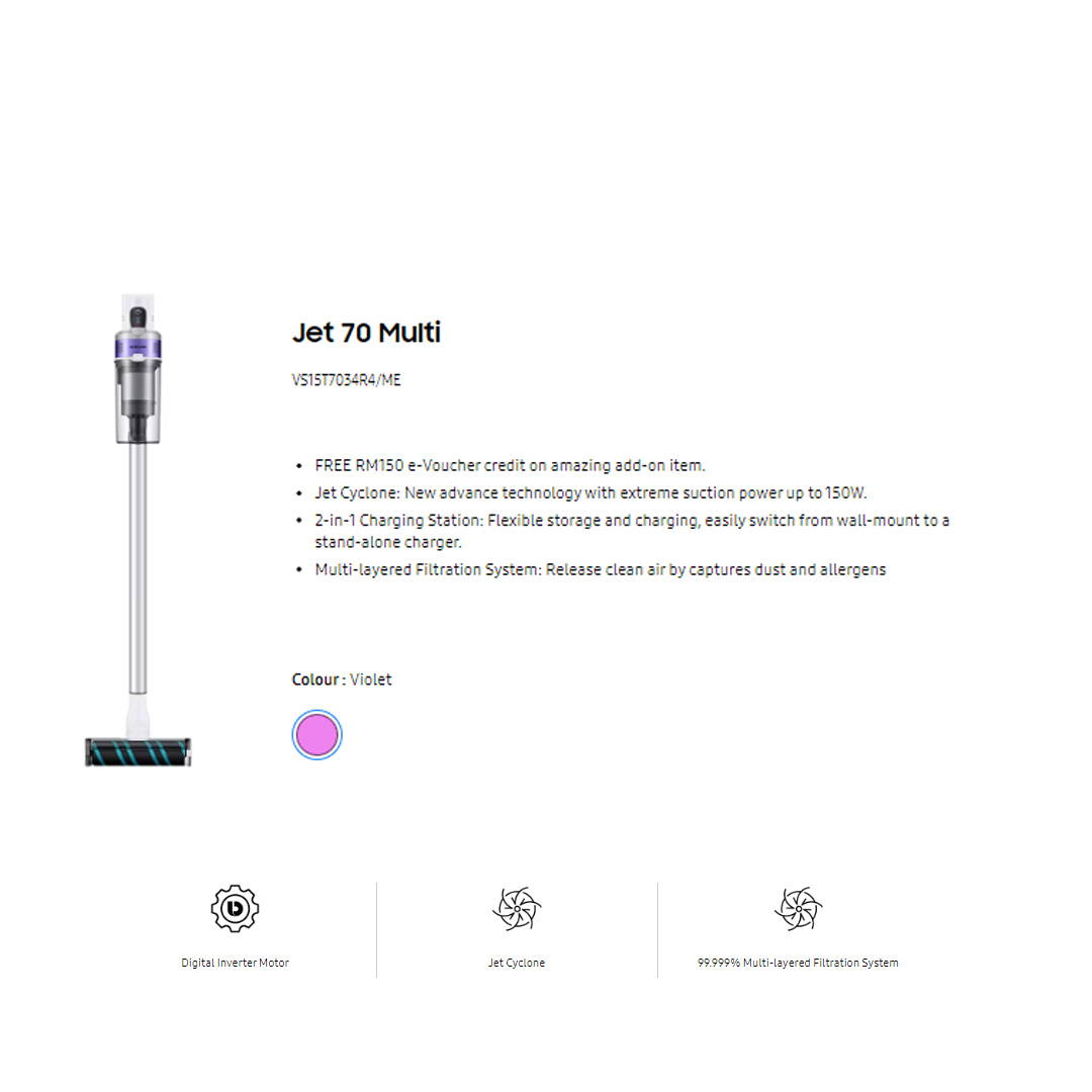 SAMSUNG 410W Jet 70 Multi Vacuum Cleaner Stick VS15T7034R4/ME | Jet Cyclone | 2-in-1 Charging Station | 99.999% Multi-layered Filtration System | Vacuum with 1 Year Warranty