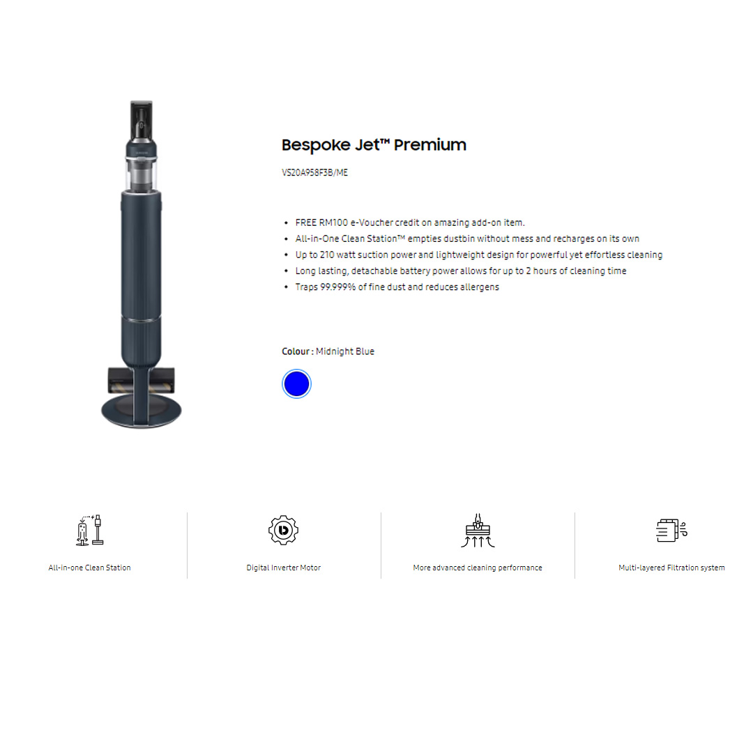 SAMSUNG 580W Bespoke Jet Cordless Vacuum Cleaner VS20A958F3B/ME | HexaJet Motor™ | Jet Cyclone | Removable and Longer-lasting Battery | Vacuum with 1 Year Warranty