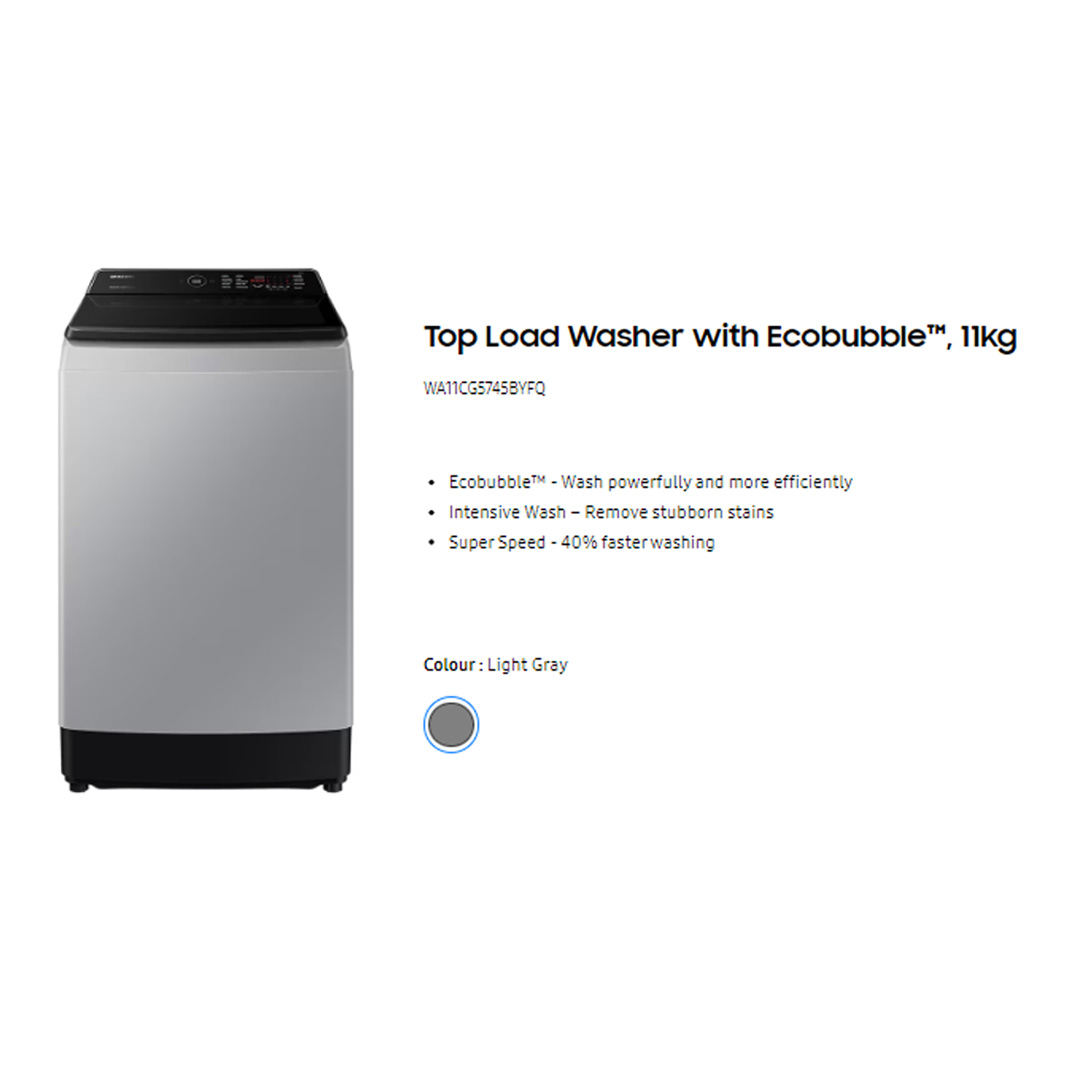 SAMSUNG 11KG Top Load Digital Inverter Washing Machine with Ecobubble WA11CG5745BYFQ | Dual Storm™ | Super Speed | Magic Filter | VRT Technology | Washing Machine With 1 Year Warranty