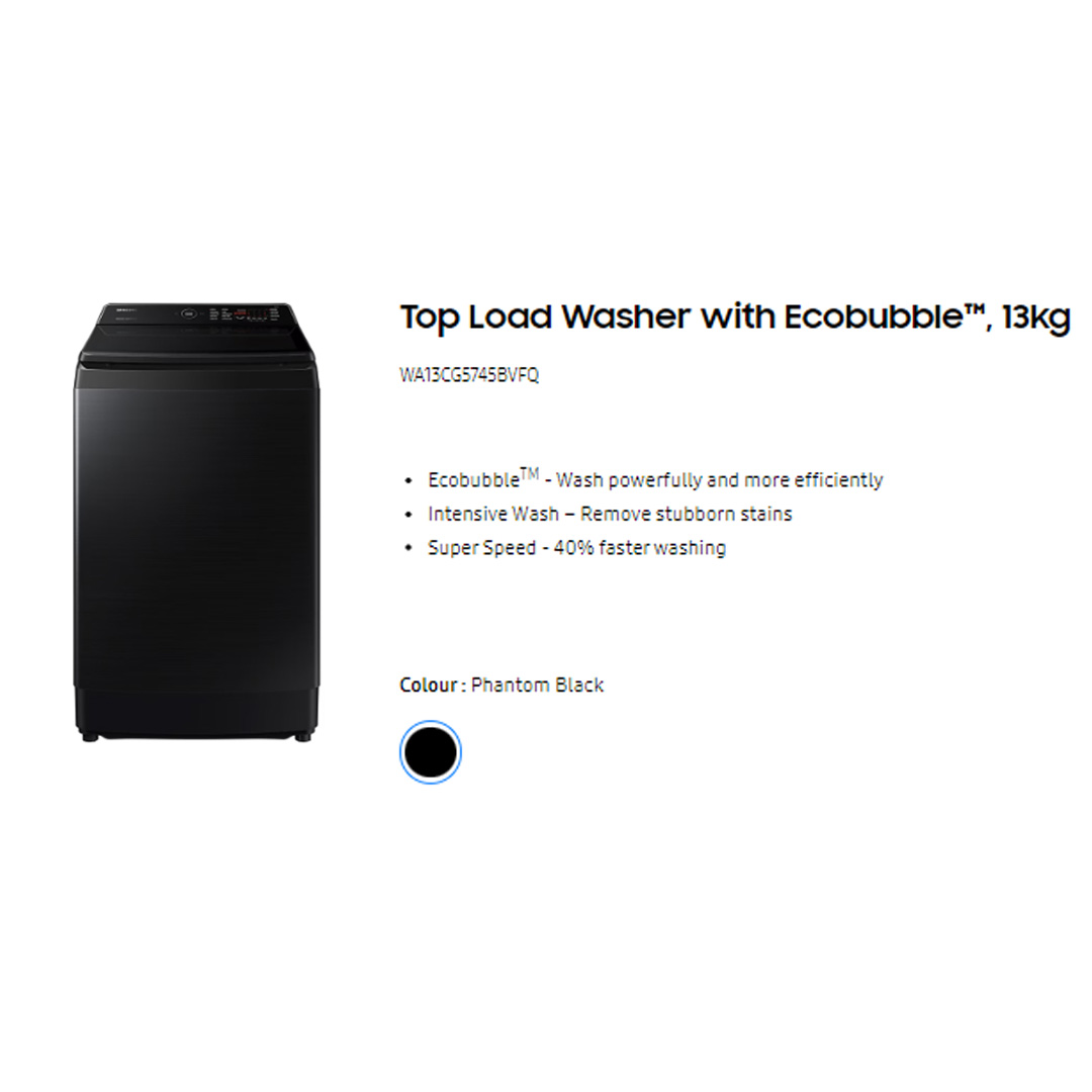 SAMSUNG 13KG Top Load Digital Inverter Washing Machine with Ecobubble WA13CG5745BVFQ | Dual Storm™ | Super Speed | Magic Filter | VRT Technology | Washing Machine With 1 Year Warranty