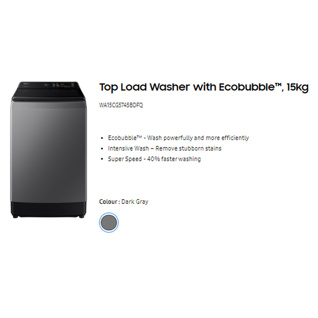 SAMSUNG 15KG Top Load Digital Inverter Washing Machine with Ecobubble WA15CG5745BDFQ | Dual Storm™ | Super Speed | Magic Filter | VRT Technology | Washing Machine With 1 Year Warranty