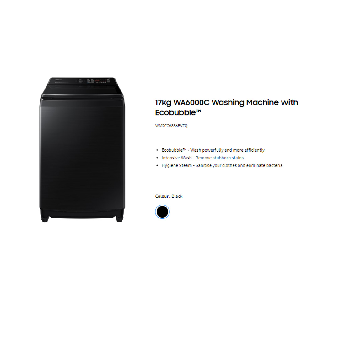 SAMSUNG 17KG Top Load Digital Inverter Washing Machine With Ecobubble WA17CG6886BVFQ | Hygiene Steam | Super Speed | Magic Filter | VRT Technology | Washing Machine With 1 Year Warranty