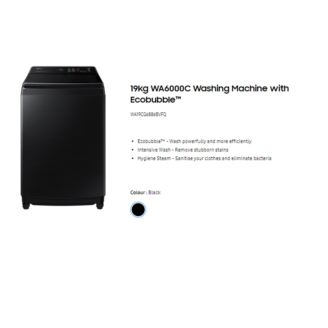 SAMSUNG 19KG Top Load Digital Inverter Washing Machine with Ecobubble WA19CG6886BVFQ | Hygiene Steam | Super Speed | Magic Filter | VRT Technology | Washing Machine with 1 Year Warranty