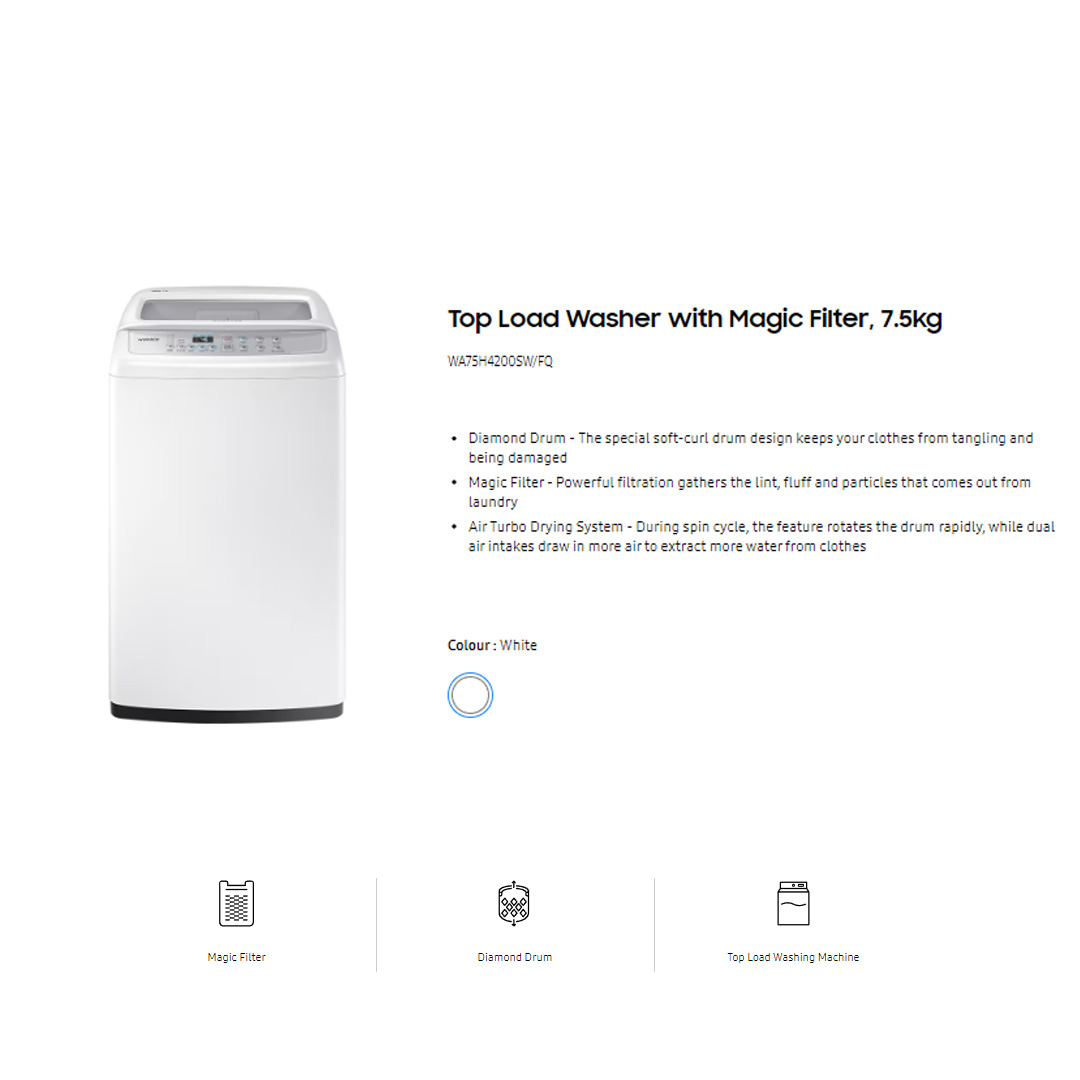 SAMSUNG 7.5KG Top Load Washing Machine with Magic Filter WA75H4200SW/FQ  | Diamond Drum | Air Turbo | Auto Restart | Ac Motor | Washing Machine With 1 Year Warranty