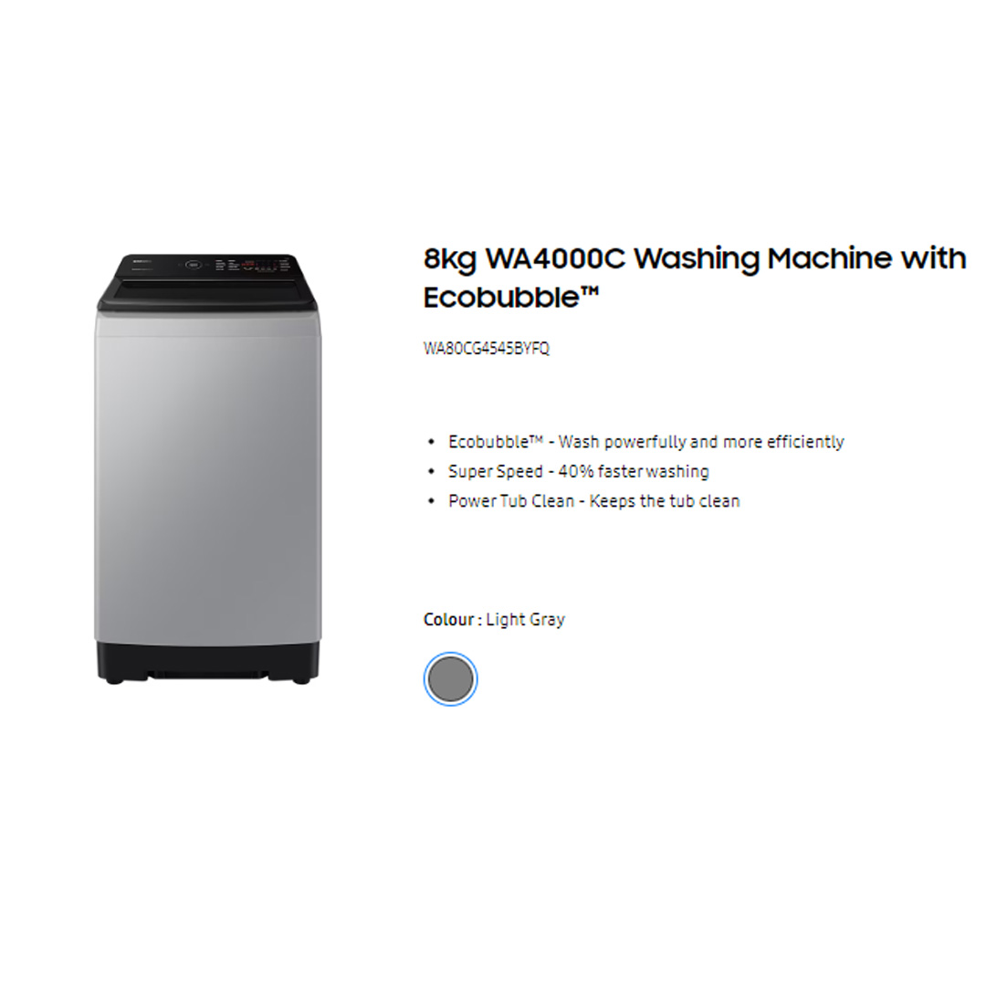 SAMSUNG 8KG Top Load Digital Inverter Washing Machine with Ecobubble WA80CG4545BYFQ  | Dual Storm™ | Super Speed | Magic Filter | VRT Technology | Washing Machine With 1 Year Warranty
