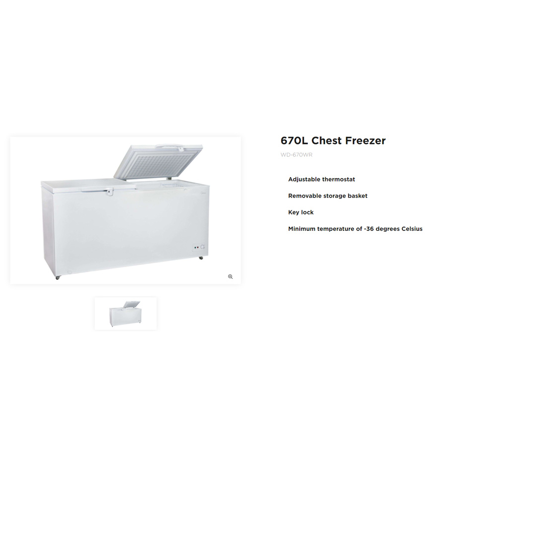 Midea 670L Chest Freezer WD-670WR | Removable Gasket | Rollers for Easy Movement | Silent Hinges | 1 Year Warranty