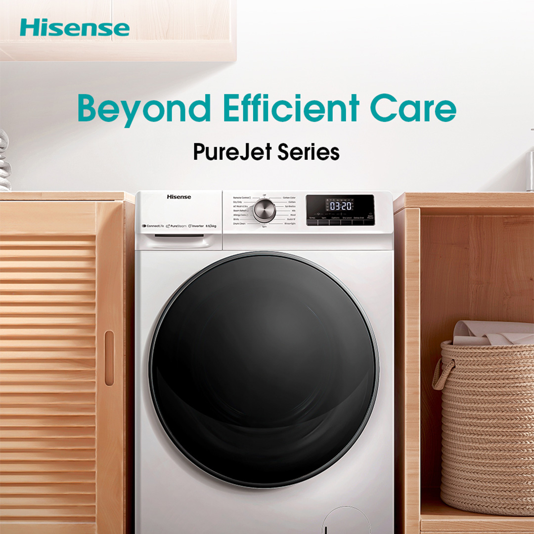 HISENSE 8.5KG/6KG Front Load DD Inverter Washer Dryer WD3Q8543BW | WIFI Control | Pure Steam | Allergy Steam | Durable Inverter | Pure Jet | Drum Clean | Quick Wash | Delay End | Raindrop Drum | Washer Dryer with 2 Year Warranty