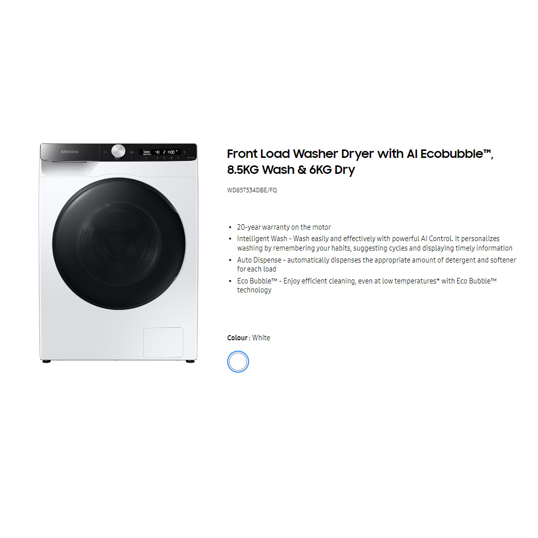 SAMSUNG 8.5KG/6KG Front Load Washer Dryer with AI Ecobubble WD85T534DBE/FQ | AI Control | Eco Bubble™ | Drum Clean | Hygiene Steam | Washer Dryer with 1 Year Warranty