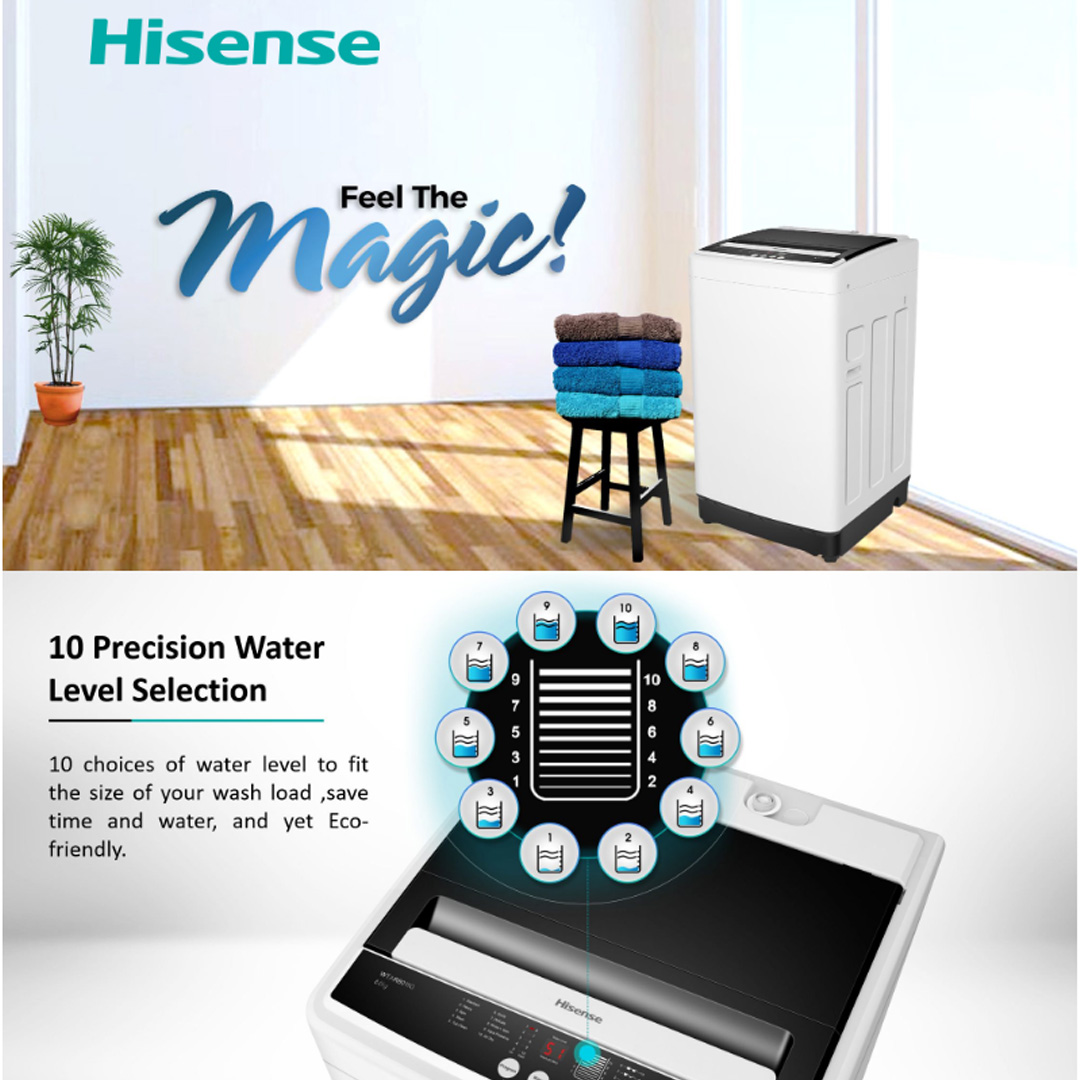 HISENSE 8KG Top Load Washing Machine with HIJAB Mode WTAR8011G | Air Dry | Aqua Preserve | Child Lock | LED Display | Buzzer | Tub Clean | Washing Machine with 2 Year Warranty