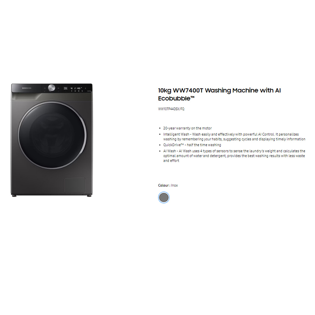 SAMSUNG 10KG Front Load Washing Machine with AI Ecobubble WW10TP44DSX/FQ | Eco Bubble™| QuickDrive™ | Super Speed (39 mins) | Washing Machine with 1 Year Warranty