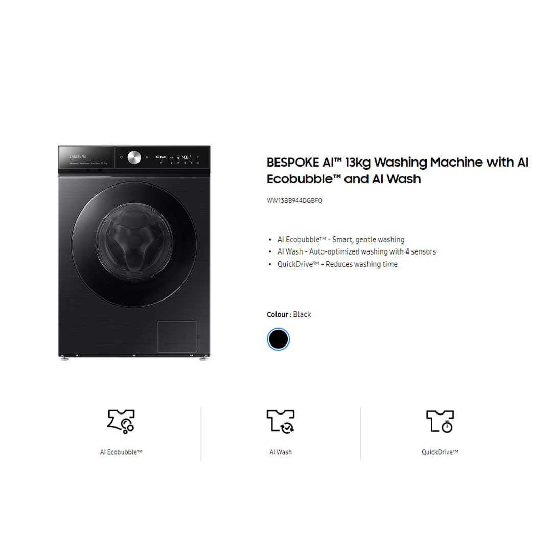SAMSUNG 13KG BESPOKE Front Load Washing Machine with AI Ecobubble and AI Wash WW13BB944DGBFQ | AI Wash | AI Control | QuickDrive | AI Eco Bubble™ | Hygiene Steam | Washer with 1 Year Warranty