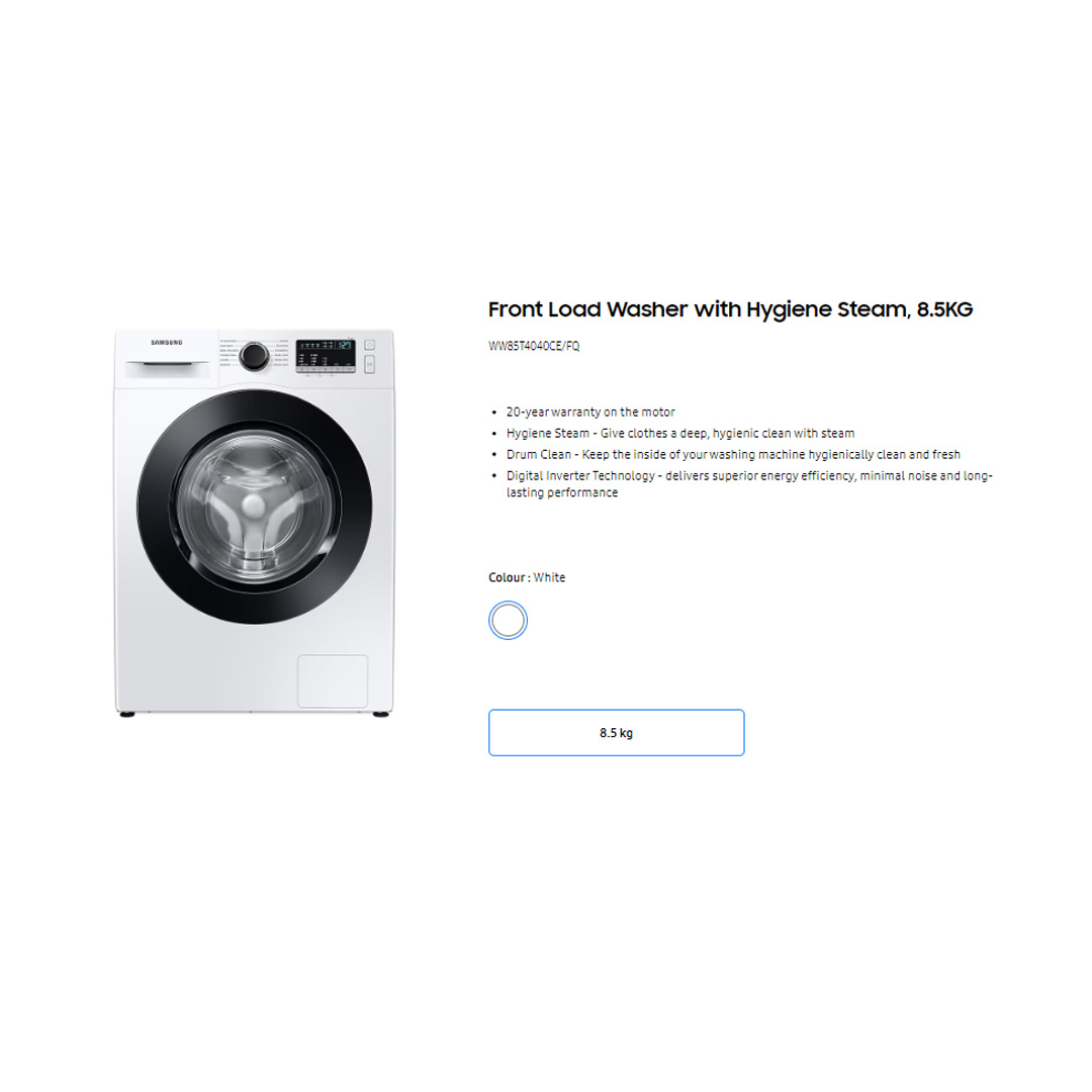 SAMSUNG 8.5KG Front Load Digital Inverter Washing Machine with Hygiene Steam WW85T4040CE/FQ | Drum Clean | StayClean Drawer | Child Lock | Door Lock | Washing Machine with 1 Year Warranty