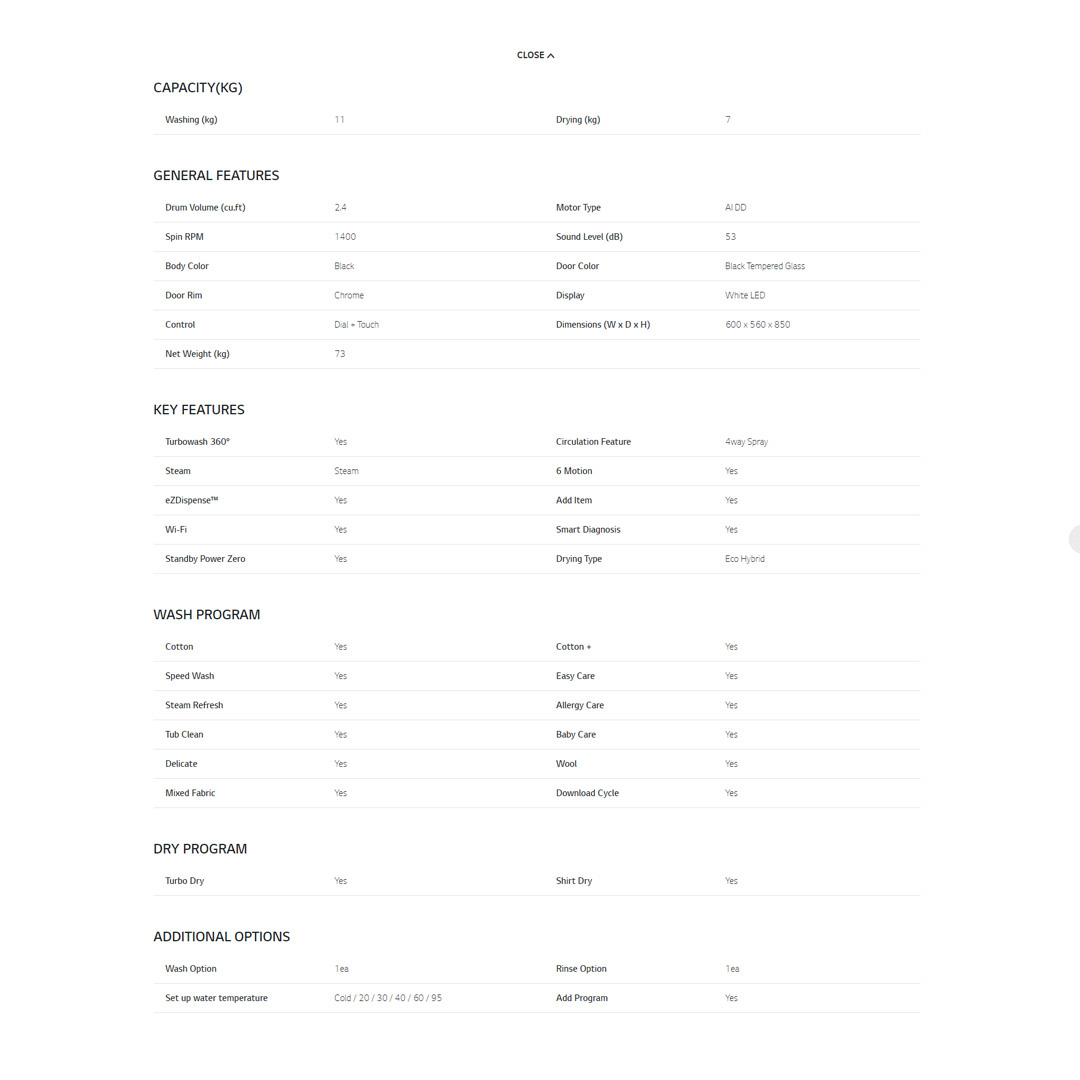 LG 11KG/7KG Front Load Washer Dryer with AI Direct Drive and Steam+ FV1411H3BA  | Turbowash 360° | Wi-Fi | Easy Care | Eco Hybrid | Tub Clean  | Speed Wash | Allergy Care | Turbo Dry | Washing Machine with 1 Year Warranty