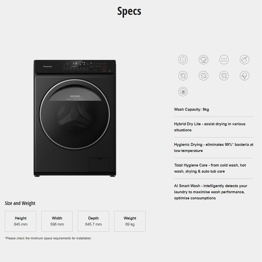 Panasonic 9KG Front Load 3Di Inverter Washing Machine NA-V90FR1BMY | Improves Hygiene in Your Everyday Laundry | Hygienic Drying with Bacteria Elimination | Eliminates 99.99%*¹ Bacteria with Cold Wash | Washing Machine With 1 Year Warranty