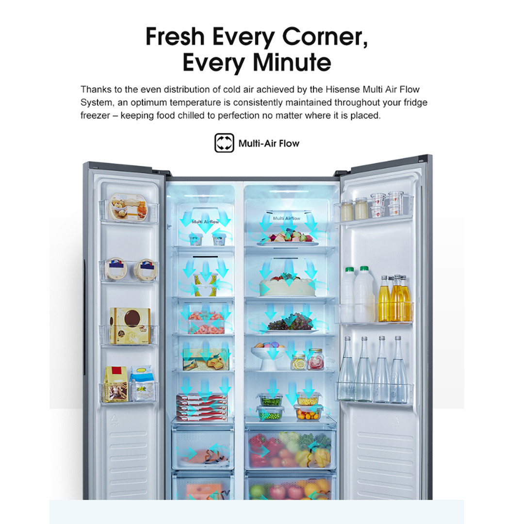 HISENSE 620L Side by Side Inverter Refrigerator RS688N4AWU | Digital Sensor | Double Cooling | Deodorizing Filter | Electronic Touch Control | Multi-Air Flow | Refrigerator with 3 Year Warranty