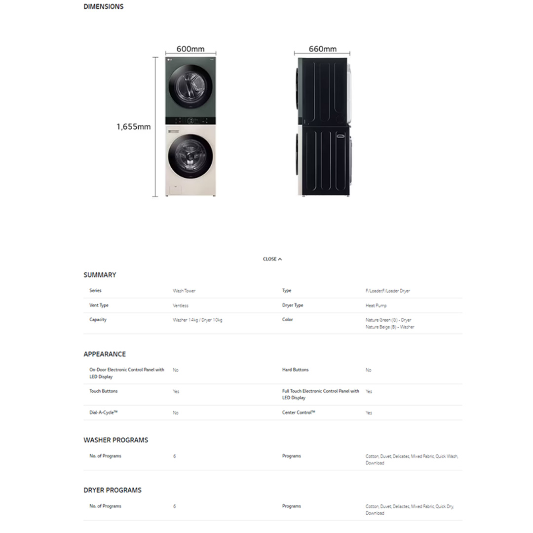 LG 14KG/10KG All-In-One Stacked Washer Dryer with AI Direct Drive Nature WT1410NHEG | TurboWashTM 360 | LG ThinQ app Compatible | Sensor Dry | Washer Dryer with 1 Year Warranty