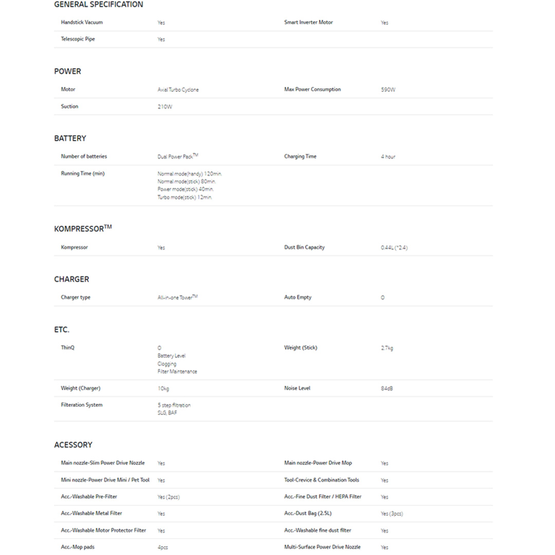 LG 590W CordZero A9Komp with All-in-One Tower Vacuum-Mop A9T-Max | Smart Inverter Motor | 5 step Filtration | Dual Battery Packs | Stick Vacuum with 2 Year Warranty