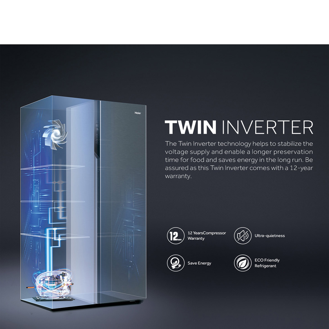 HAIER 569L Side By Side Twin Inverter Refrigerator HSR3918FNPG | No Frost | Touch LED | Door Pocket | Ice Maker | Humidity Control | Refrigerators with 2 Year Warranty