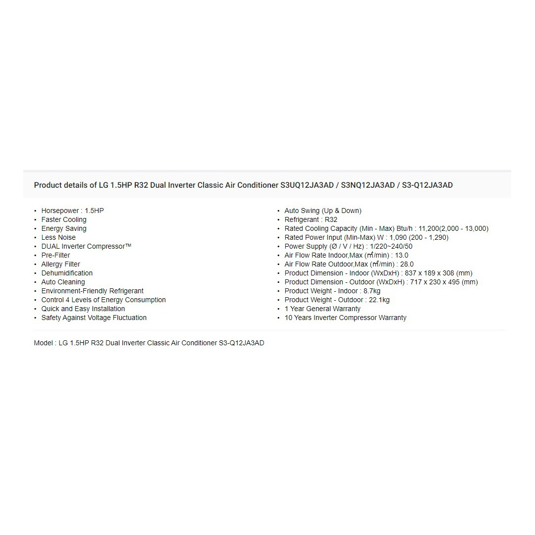 LG 1.5HP R32 Dual Inverter Wall Mount Air Conditioner S3NQ12JA3AD / S3UQ12JA3AD | Fast Cooling | Dehumidifier | Auto Cleaning | Air Conditioner with 2 Year Warranty