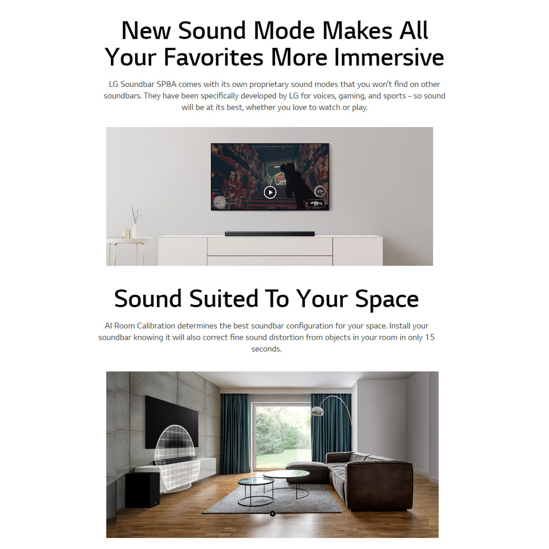LG 440W Sound Bar with Dolby Atmos & DTS Virtual:X SP8A | AI Sound Pro | Dolby ATMOS | Meridian | Sound Bar with 1 Year Warranty
