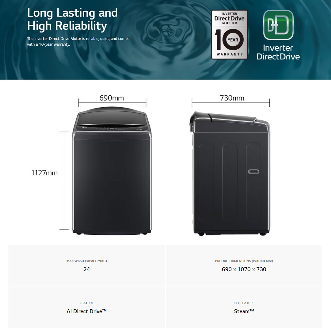 LG 24KG Top Load Direct Drive Inverter with Intelligent Fabric Care Washing Machine TV2724SV9K | TurboWash3D™ | Steam™ | ThinQ™ | Washing Machine with 1 Year Warranty