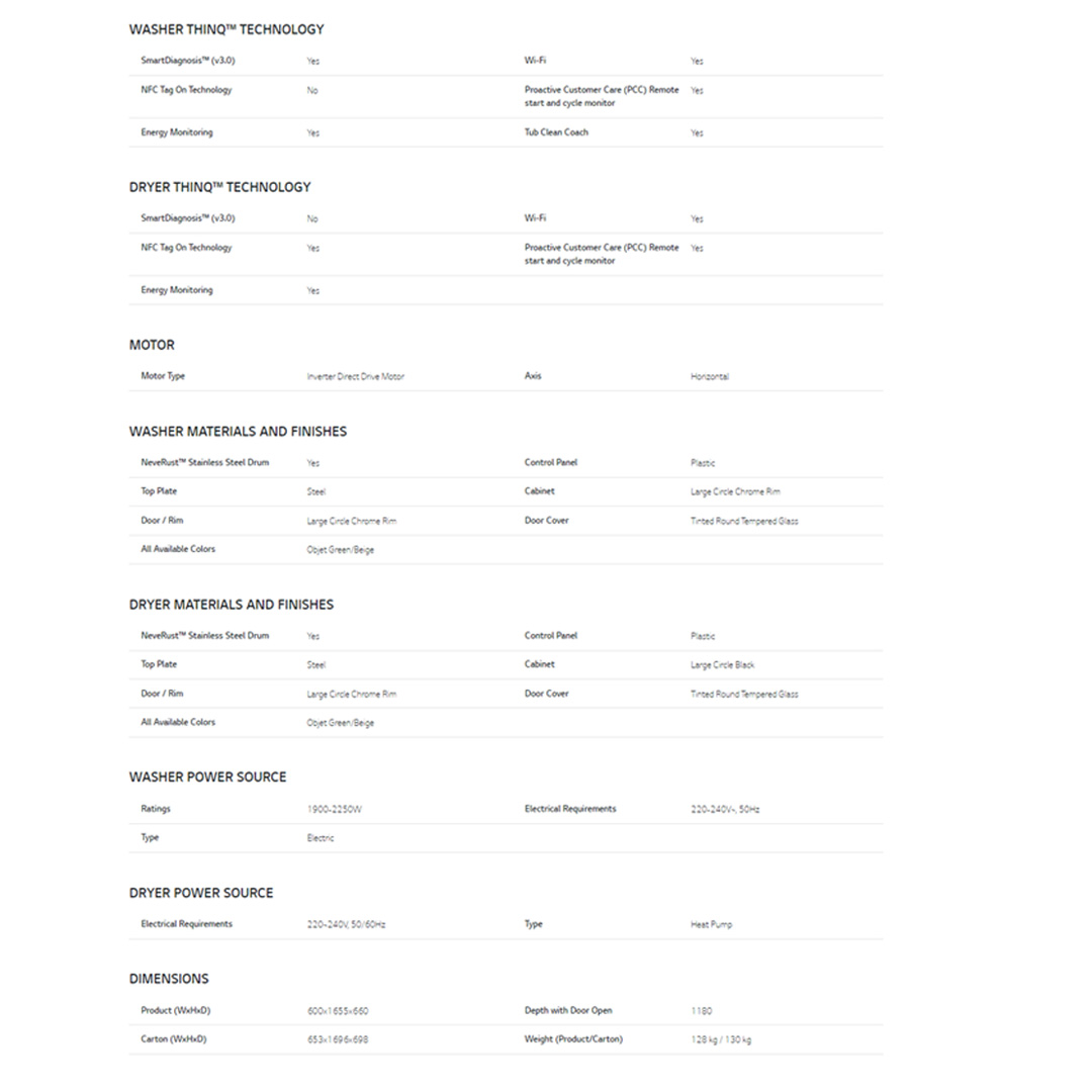 LG 14KG/10KG All-In-One Stacked Washer Dryer with AI Direct Drive Nature WT1410NHEG | TurboWashTM 360 | LG ThinQ app Compatible | Sensor Dry | Washer Dryer with 1 Year Warranty