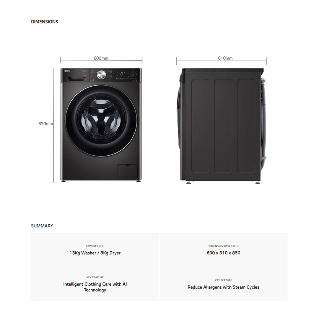 LG 13KG/8KG Front Load Washer Dryer with AI Direct Drive FV1413H2BA | Steam+™ | TurboWash™ | 360 eZDispense™ | Washer Dryer with 1 Year Warranty